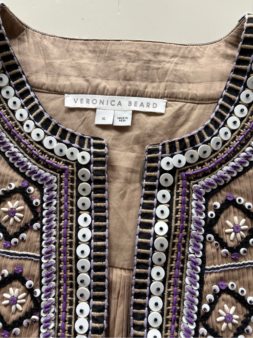 VERONICA BEARD Taupe Jacket with Black and Purple Embroidery